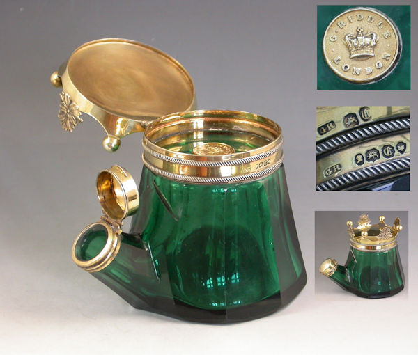 Victorian silver gilt mounted marquess coronet on a green glass 'tea kettle' syphon inkwell