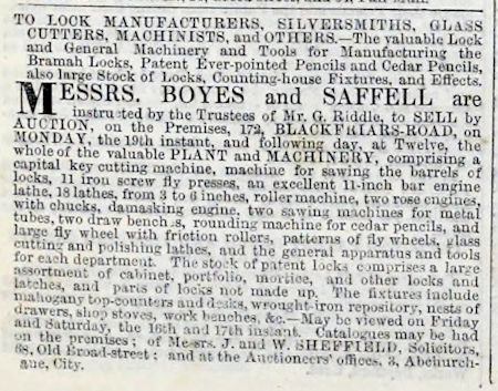announcement of auction of Riddle's lock and general machinery and tools