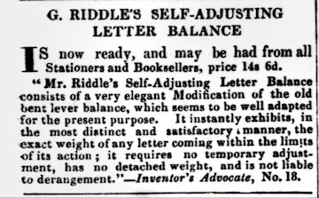 advert Riddle letter scale could now be purchased at stationers and bookshops