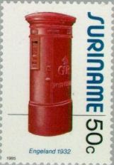 Engelse brievenbus op zegel Suriname 1985